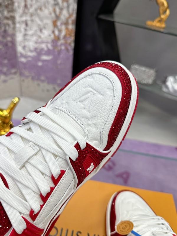 2025 Unisex Louis Vuitton Red White Leather Fabric Plimsolls Handmade Rhinestone AS00400