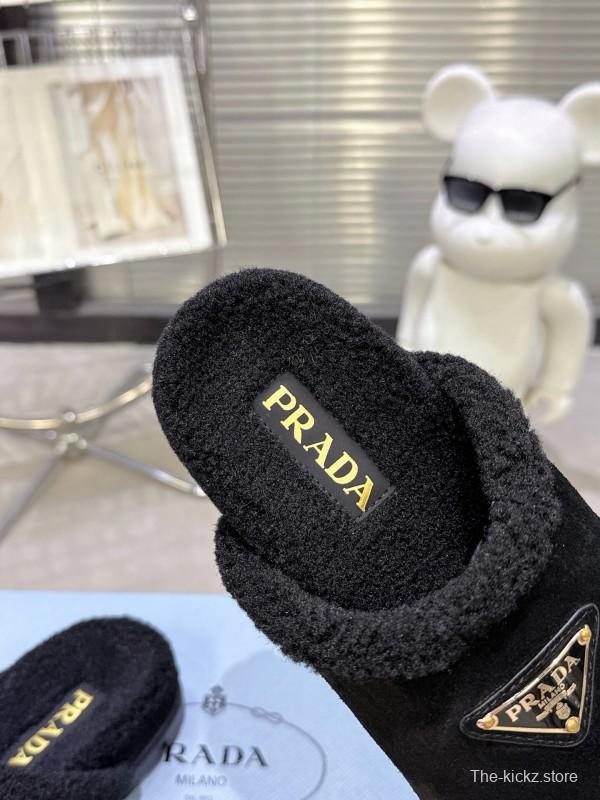 Prada 2025 Fall Winter New Fur Mule Slippers Triangle Buckle Bread Toe Half Slippers - KFY00270