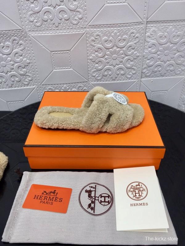 H Teddy Wool H Slippers Flat Sole Winter Home Shoes - LY00240