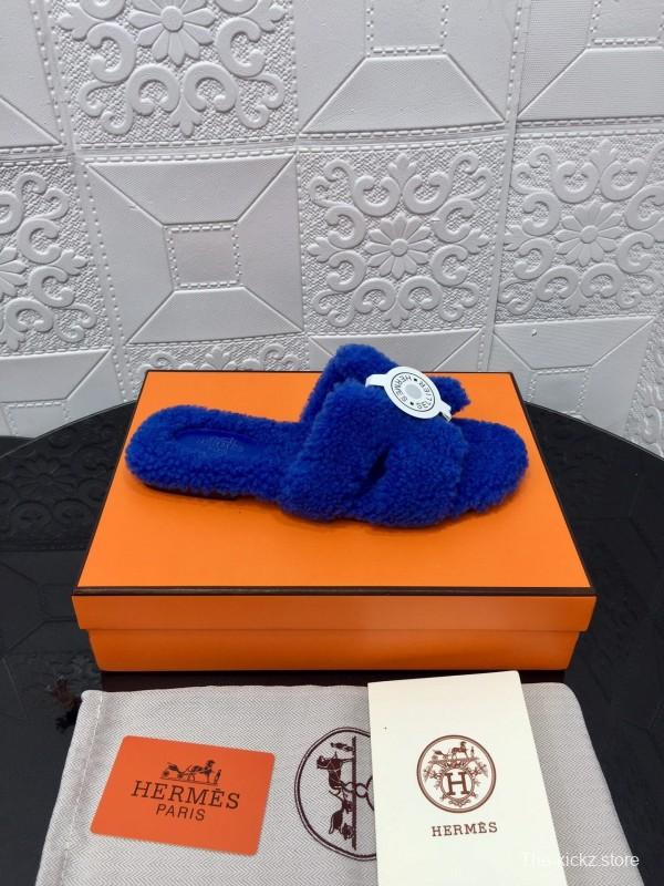 H Hermes Teddy Wool H Slippers Flat Sole Fur Slides - LY00240