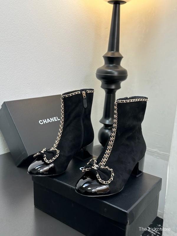 Chanel 2025 SS Chain Bow Chunky Heel Ankle Boots - LY00370
